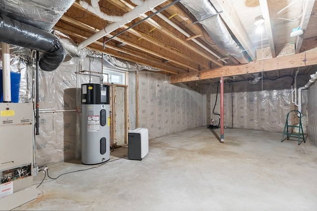 basement featuring heat pump water heater