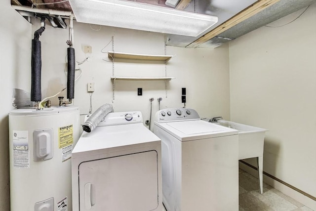 49 Lady Slipper Dr, Dennis, MA 02638 - clothes washing area with a sink, washer and dryer, laundry area, and electric water heater