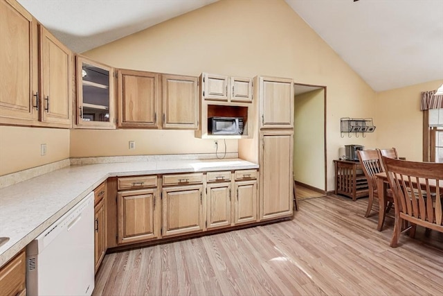 49 Lady Slipper Dr, Dennis, MA 02638 - kitchen with light countertops, light wood finished floors, dishwasher, and high vaulted ceiling