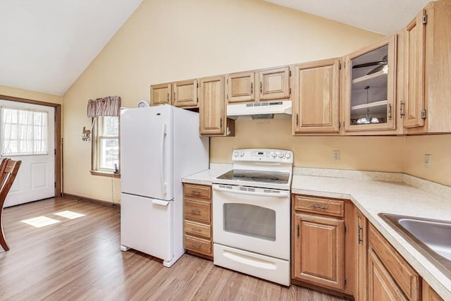 49 Lady Slipper Dr, Dennis, MA 02638 - kitchen featuring light countertops, lofted ceiling, under cabinet range hood, and white appliances