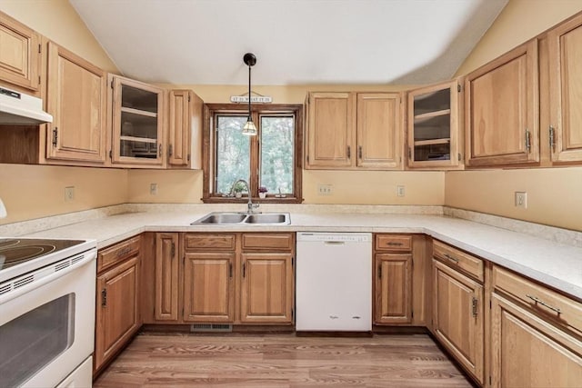 49 Lady Slipper Dr, Dennis, MA 02638 - kitchen featuring pendant lighting, white appliances, under cabinet range hood, a sink, and vaulted ceiling