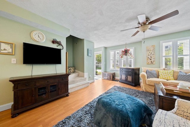 23 Rufus Jones Ln Unit 23, Easton, MA 02356 - living room with light wood-style floors, plenty of natural light, ceiling fan, a textured ceiling, and baseboards