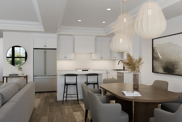 10 Webber Ave Unit 4D, Bedford, MA 01730 - dining area with dark wood-type flooring, crown molding, a raised ceiling, and recessed lighting