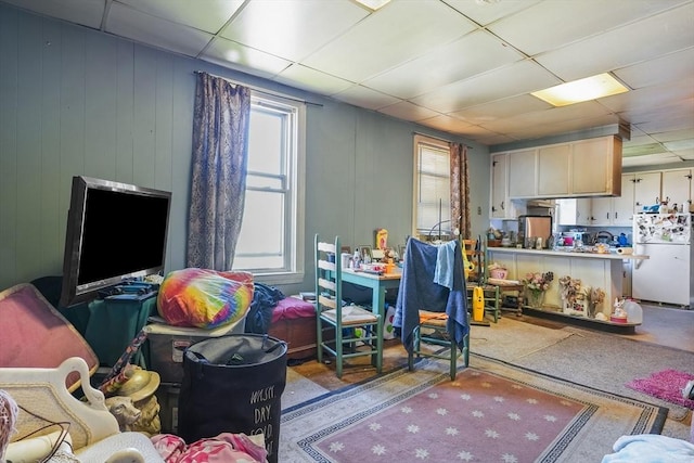 recreation room with wooden walls