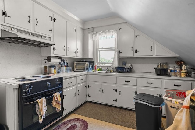 kitchen featuring white cabinets, electric range, lofted ceiling, and sink