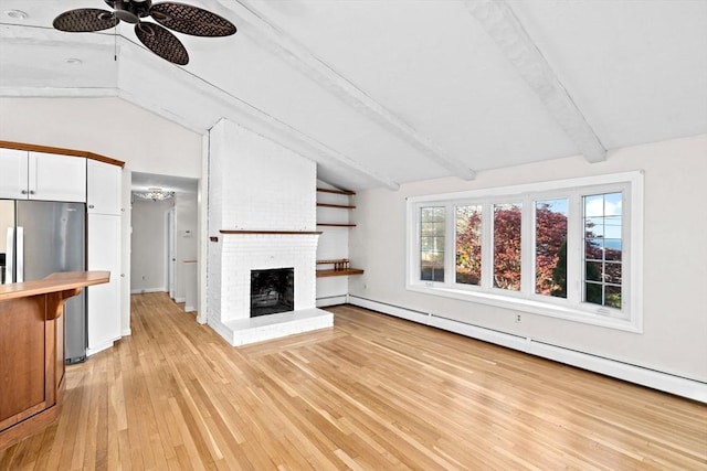 51 Shore Dr, Plymouth, MA 02360 - unfurnished living room with ceiling fan, light wood-style floors, a fireplace, baseboard heating, and baseboards
