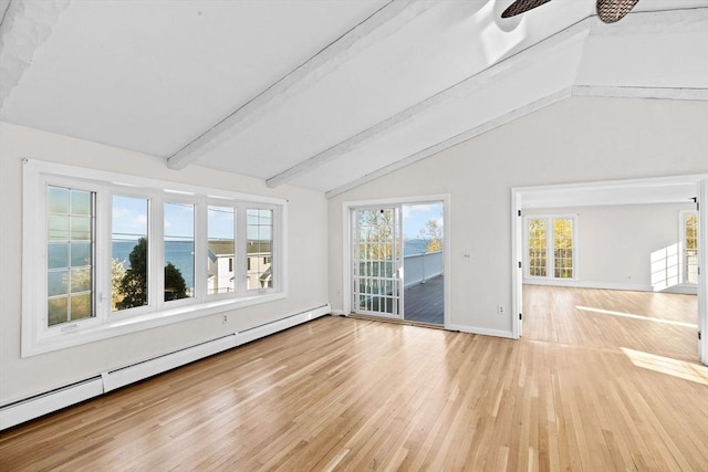 51 Shore Dr, Plymouth, MA 02360 - unfurnished living room featuring a baseboard radiator, wood finished floors, ceiling fan, and baseboards