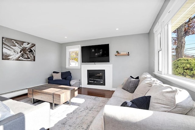 110 Walnut St, Canton, MA 02021 - living area with baseboard heating, wood finished floors, a glass covered fireplace, and recessed lighting