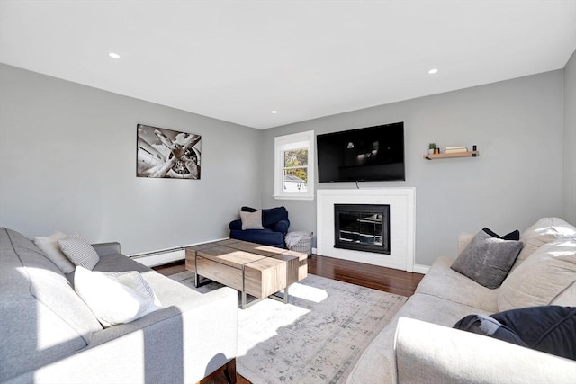 110 Walnut St, Canton, MA 02021 - living room with wood finished floors, a baseboard heating unit, a glass covered fireplace, and recessed lighting