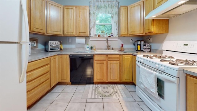 25 Garrison St, Fairhaven, MA 02719 - kitchen with white appliances, extractor fan, light countertops, light tile patterned floors, and light brown cabinets