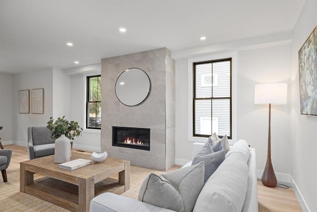 living room with plenty of natural light, a fireplace, and light wood-type flooring