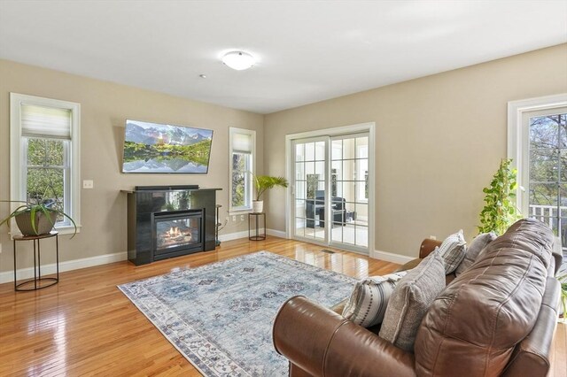 living room with baseboards, light wood finished floors, and a glass covered fireplace