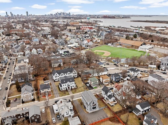 birds eye view of property featuring a water view