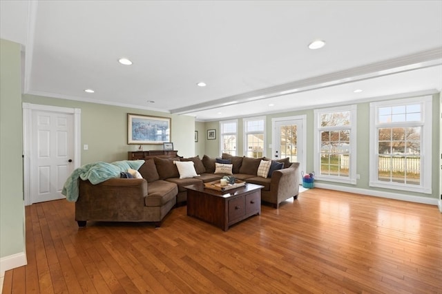 living room with light wood-type flooring and ornamental molding