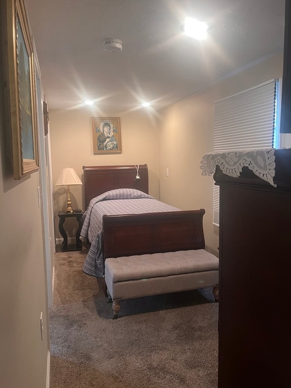 bedroom featuring dark colored carpet