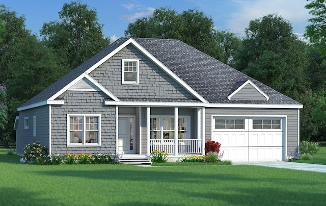 view of front of property featuring a porch, a front yard, and a garage