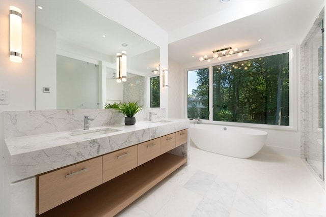 full bath with double vanity, a freestanding bath, and a sink