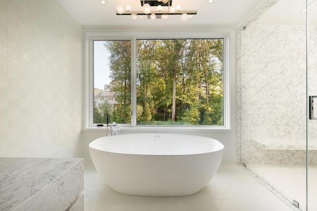 bathroom with a freestanding tub, a wealth of natural light, and an inviting chandelier