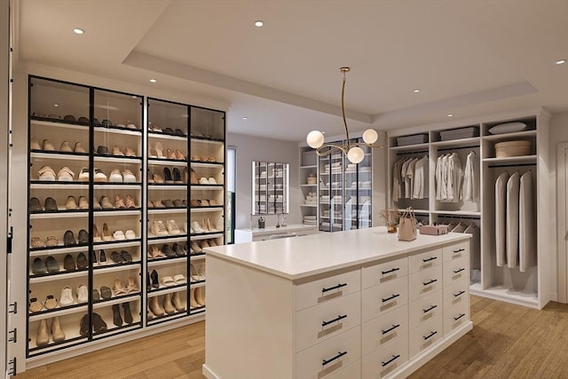 walk in closet featuring a tray ceiling and light wood-style flooring