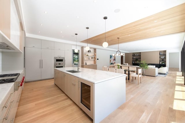 kitchen featuring stainless steel appliances, a raised ceiling, a sink, and modern cabinets