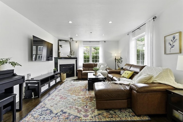 12 Paul Revere Path Unit 12, Hopkinton, MA 01748 - living area with healthy amount of natural light, dark wood-type flooring, a glass covered fireplace, and recessed lighting