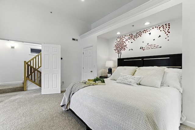 12 Paul Revere Path Unit 12, Hopkinton, MA 01748 - bedroom with carpet flooring, baseboards, a towering ceiling, and recessed lighting