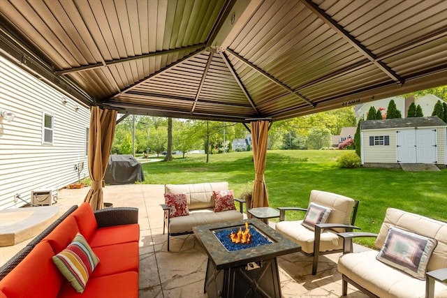 48 Logans Run, Attleboro, MA 02703 - view of patio / terrace with an outdoor living space with a fire pit, a grill, an outbuilding, and a gazebo