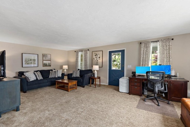 100 Elm St, Marshfield, MA 02050 - living room featuring a desk, light carpet, and a textured ceiling