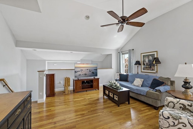 100 Elm St, Marshfield, MA 02050 - living room featuring a ceiling fan, light wood-style flooring, and high vaulted ceiling
