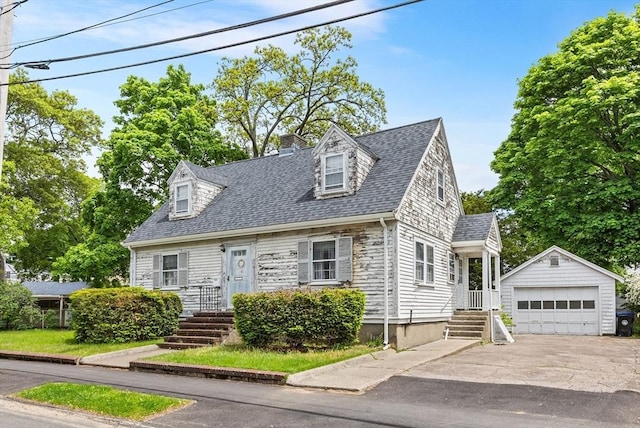 6 Audubon Rd, Milton, MA 02186 - cape cod-style house with an outbuilding, a garage, roof with shingles, and a chimney