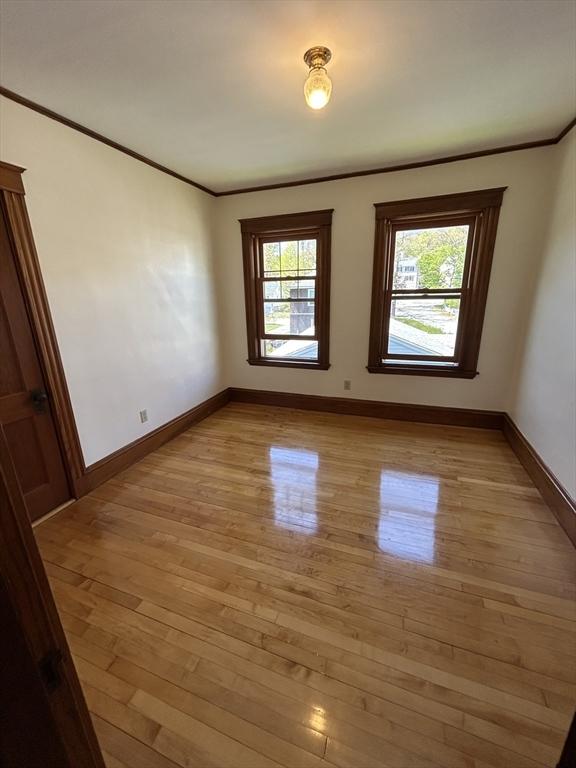 unfurnished room with crown molding, baseboards, plenty of natural light, and light wood-style floors