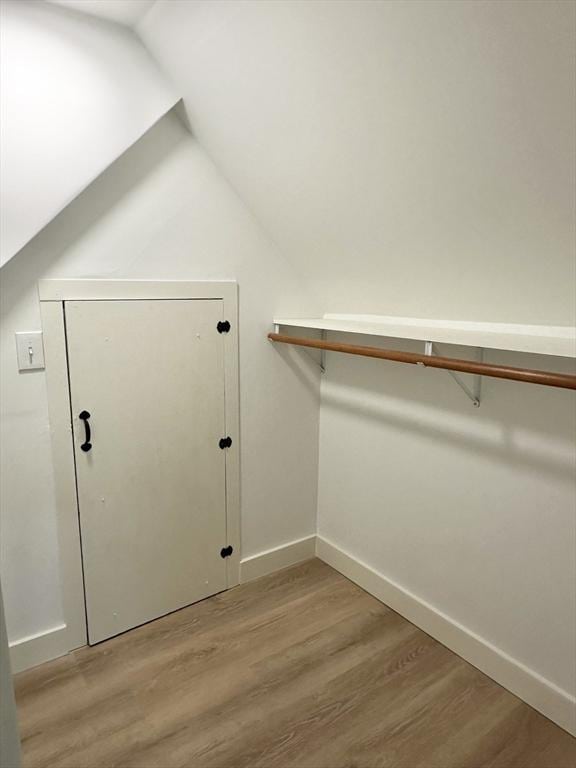 spacious closet featuring light hardwood / wood-style flooring and lofted ceiling