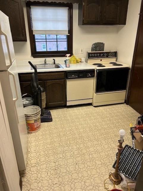 kitchen featuring dark brown cabinets, a sink, white appliances, light countertops, and light floors