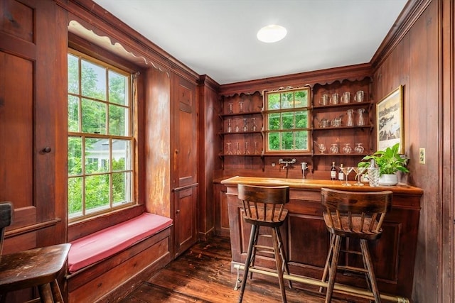 15 Brier Rd, Gloucester, MA 01930 - indoor wet bar with dark wood finished floors, wooden walls, plenty of natural light, and ornamental molding