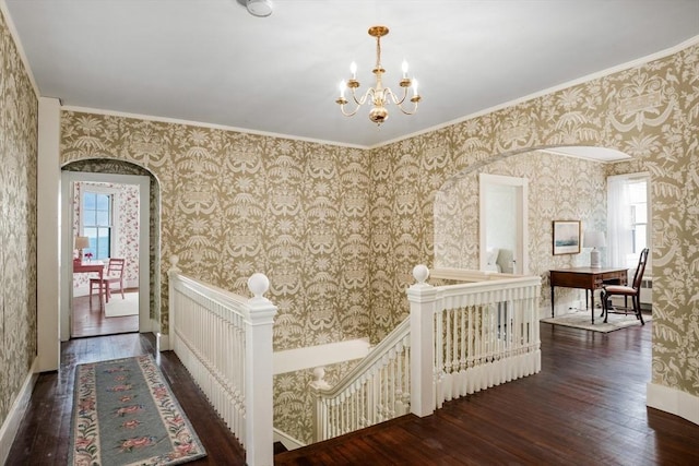 15 Brier Rd, Gloucester, MA 01930 - hall featuring an upstairs landing, wood-type flooring, plenty of natural light, wallpapered walls, and ornamental molding