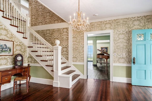 15 Brier Rd, Gloucester, MA 01930 - entrance foyer with wallpapered walls, hardwood / wood-style floors, stairway, and a chandelier