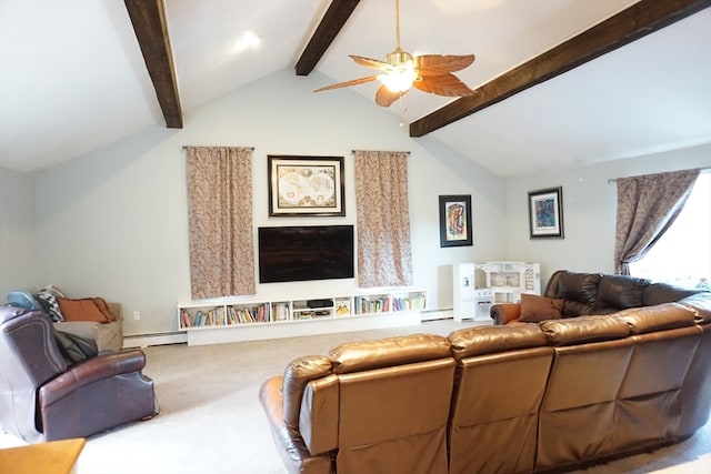 living room with ceiling fan, vaulted ceiling with beams, a baseboard heating unit, and carpet