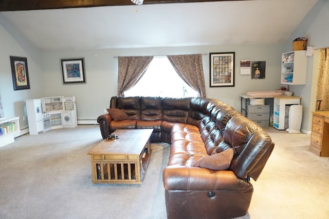 living room with a baseboard radiator, light carpet, and vaulted ceiling