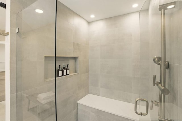 147 Sherman St Unit 201, Cambridge, MA 02140 - bathroom featuring a stall shower and recessed lighting