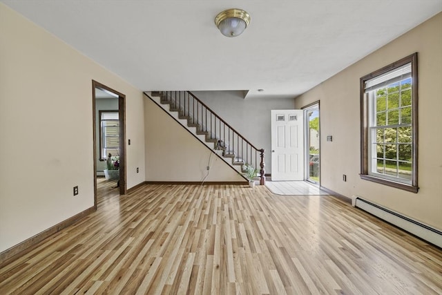 32 Dale St, Franklin, MA 02038 - unfurnished living room featuring light wood-style flooring, stairs, and a baseboard radiator