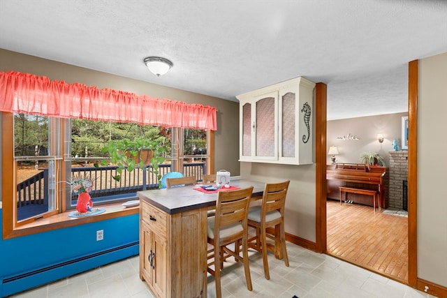 dining room featuring light wood-type flooring, a textured ceiling, and a baseboard radiator