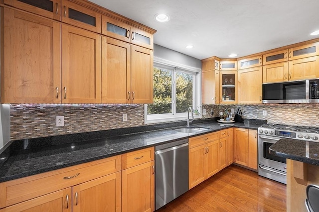 kitchen with a sink, wood finished floors, stainless steel appliances, dark stone counters, and decorative backsplash