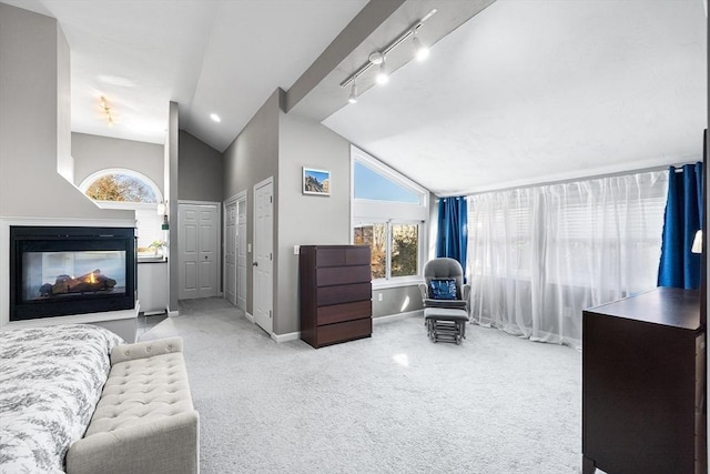 bedroom with baseboards, rail lighting, carpet flooring, a multi sided fireplace, and vaulted ceiling