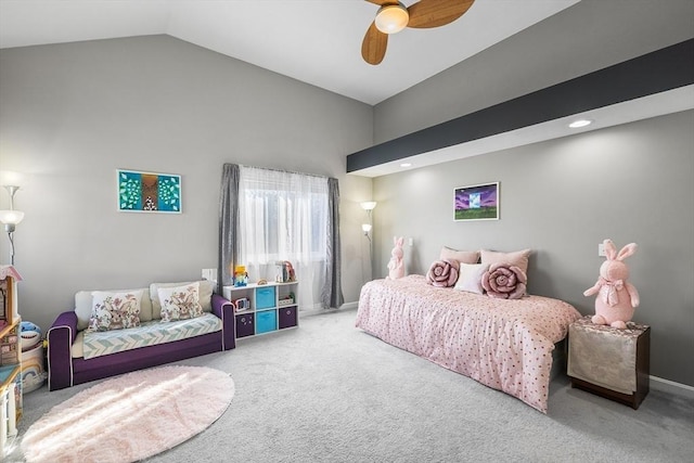 carpeted bedroom featuring recessed lighting, a ceiling fan, and lofted ceiling