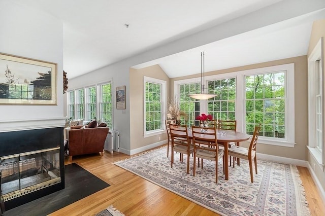 14 Parsons Hill Rd, Wenham, MA 01984 - dining room featuring vaulted ceiling, radiator, baseboards, and wood finished floors