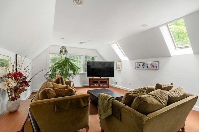 14 Parsons Hill Rd, Wenham, MA 01984 - living area featuring a skylight, lofted ceiling, baseboards, and carpet floors