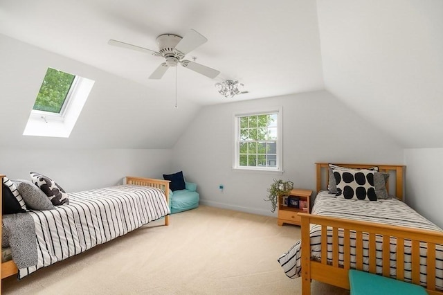 14 Parsons Hill Rd, Wenham, MA 01984 - carpeted bedroom with a skylight, vaulted ceiling, ceiling fan, and baseboards