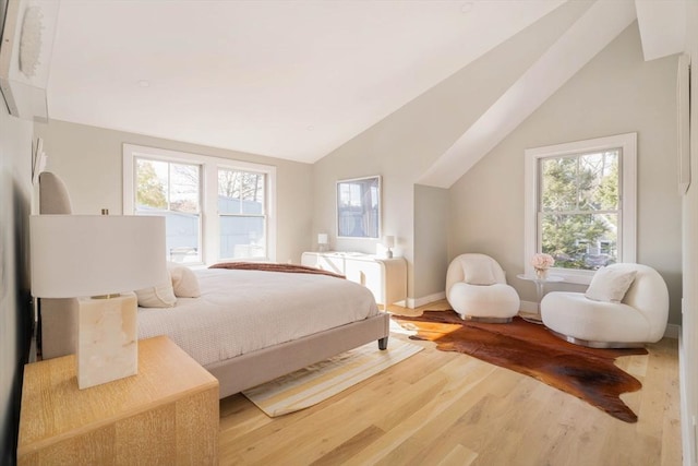 bedroom featuring wood-type flooring and lofted ceiling