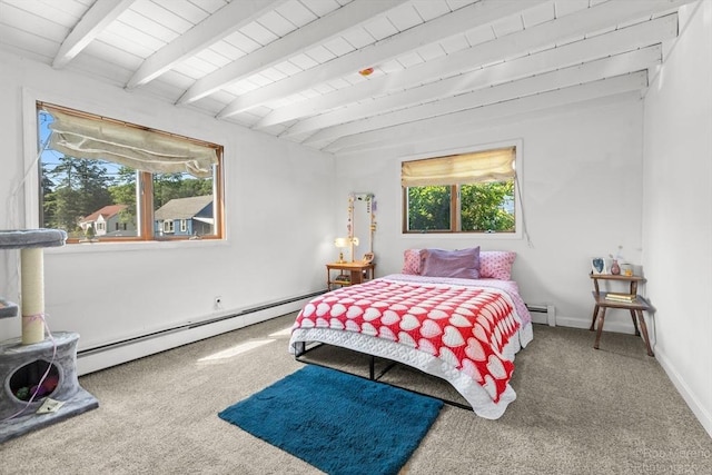 91 Bartholomew St, Peabody, MA 01960 - bedroom featuring baseboard heating, carpet, and a wooden ceiling with exposed beams