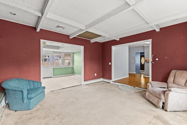 carpeted living area featuring beamed ceiling, baseboards, and a baseboard radiator